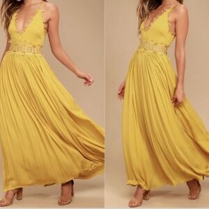 Lulus This is Love Yellow mustard lace maxi dress XS